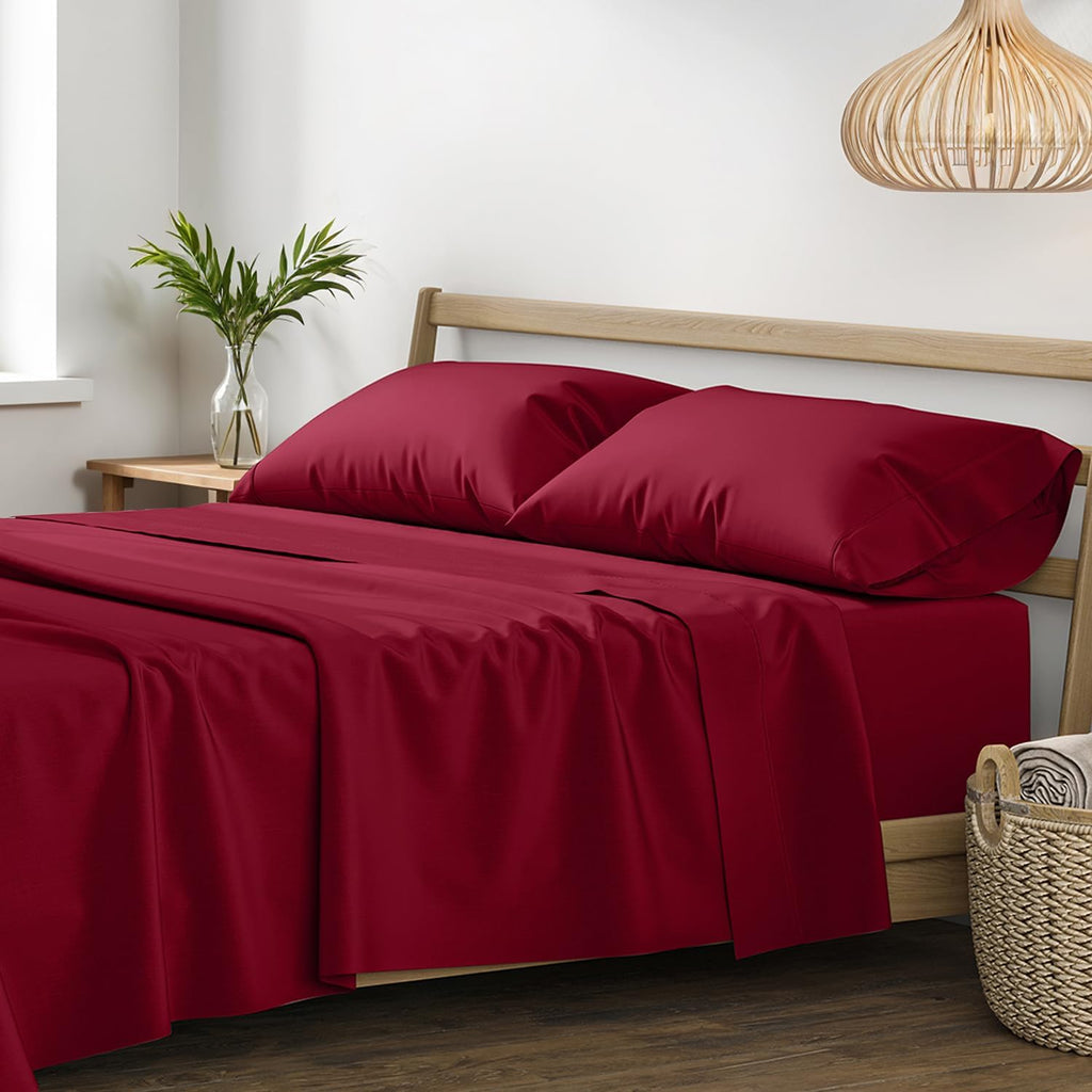 XOOX Linen 100% Egyptian Cotton Queen Sheet Set - Luxury 1200 High Thread Count Egyptian Cotton Sheets Queen Size (4 PC, Burgundy), Silky Soft, Cooling, 17' Deep Pocket Sateen Weave Hotel Bedding