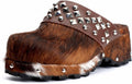 XOBZJH Platform Vintage Rivet Design Clogs for Women with Arch Support – Natural Calf Hair & Leather Patchwork Upper, Leather-Lined Slip-On Mules for All Day Comfort