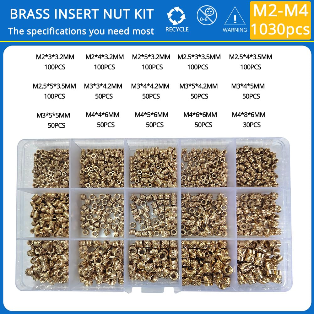 1set Threaded Inserts M2 M2.5 M3 M4 M5 M6 Heat Set Insert Nut Brass Hot Melt Knurled Double Twill Embedment Copper Nut Assortment Kit(M2-M4 1030pcs)