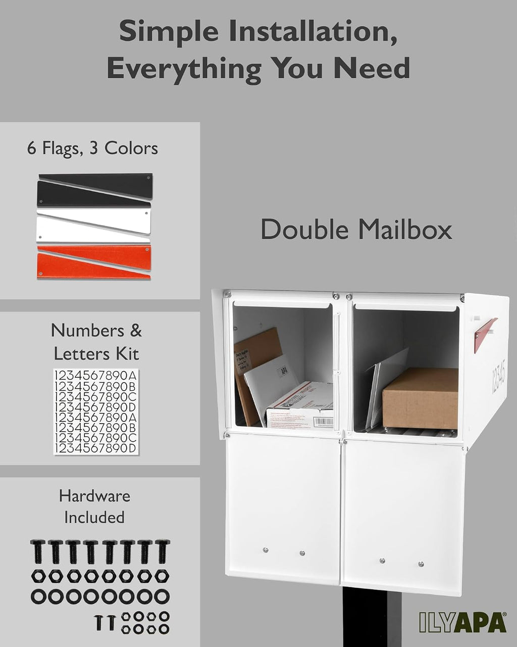 Ilyapa White Double Mailbox, Post Mount Mailboxes for Outside- Two Sided Mail Box for 2 Houses with Standard Single Mounting, Door Numbering Kit, Outdoor All Weather with Magnetic Doors