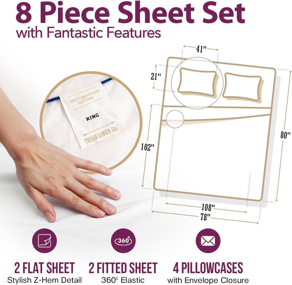 TEXAS LINEN CO. 100% Egyptian Cotton Sheets King Size Set Pack of 2 - Luxury 1200 Series Star Sleepin' Collection Sheets King Size (8 PC, White), 17' Deep Pocket, Soft, Sateen Hotel Bedding Set
