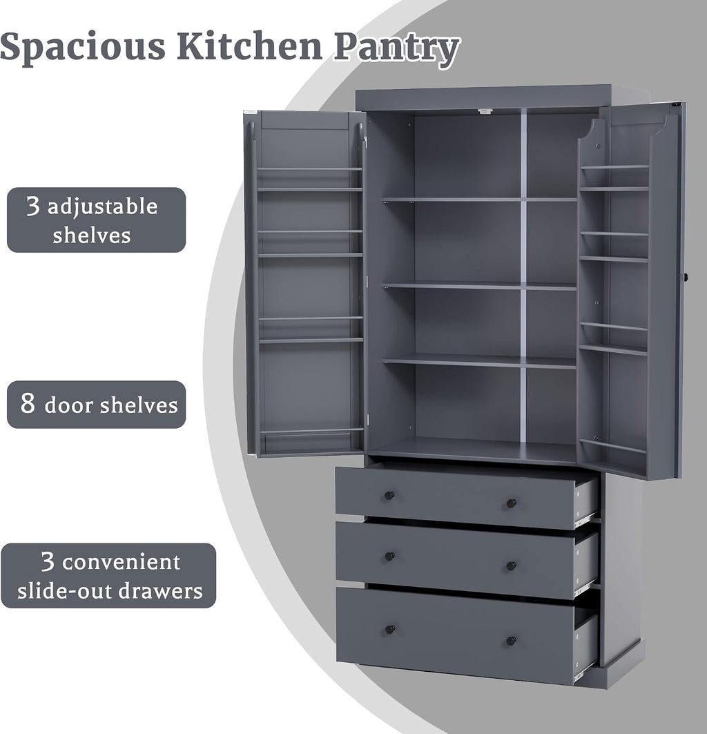 77inch Farmhouse Kitchen Pantry, Wood Storage Cabinet with 3 Adjustable Shelves, Freestanding Tall Cupboard Storage Cabinet with 8 Door Shelves and 3 Drawers for Kitchen, Dining Room (Gray-1)