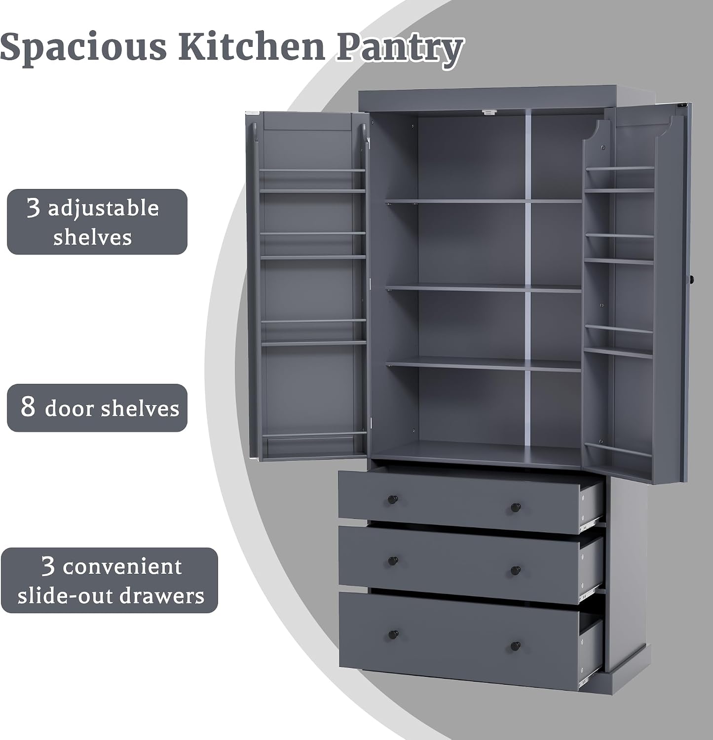 77inch Farmhouse Kitchen Pantry, Wood Storage Cabinet with 3 Adjustable Shelves, Freestanding Tall Cupboard Storage Cabinet with 8 Door Shelves and 3 Drawers for Kitchen, Dining Room (Gray-1)