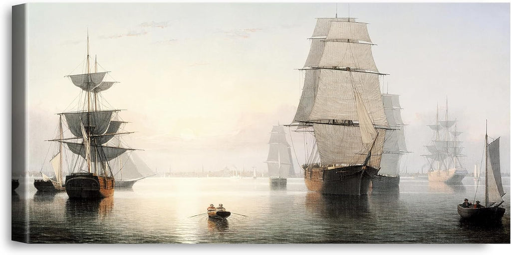 A&T ARTWORK Boston Harbor, Sunset, Fitz Henry Lane Sailboat Warship Painting Reproductions Reproductions,Giclee Canvas Prints Wall Art for Home Decor,45x24x1.5 inches