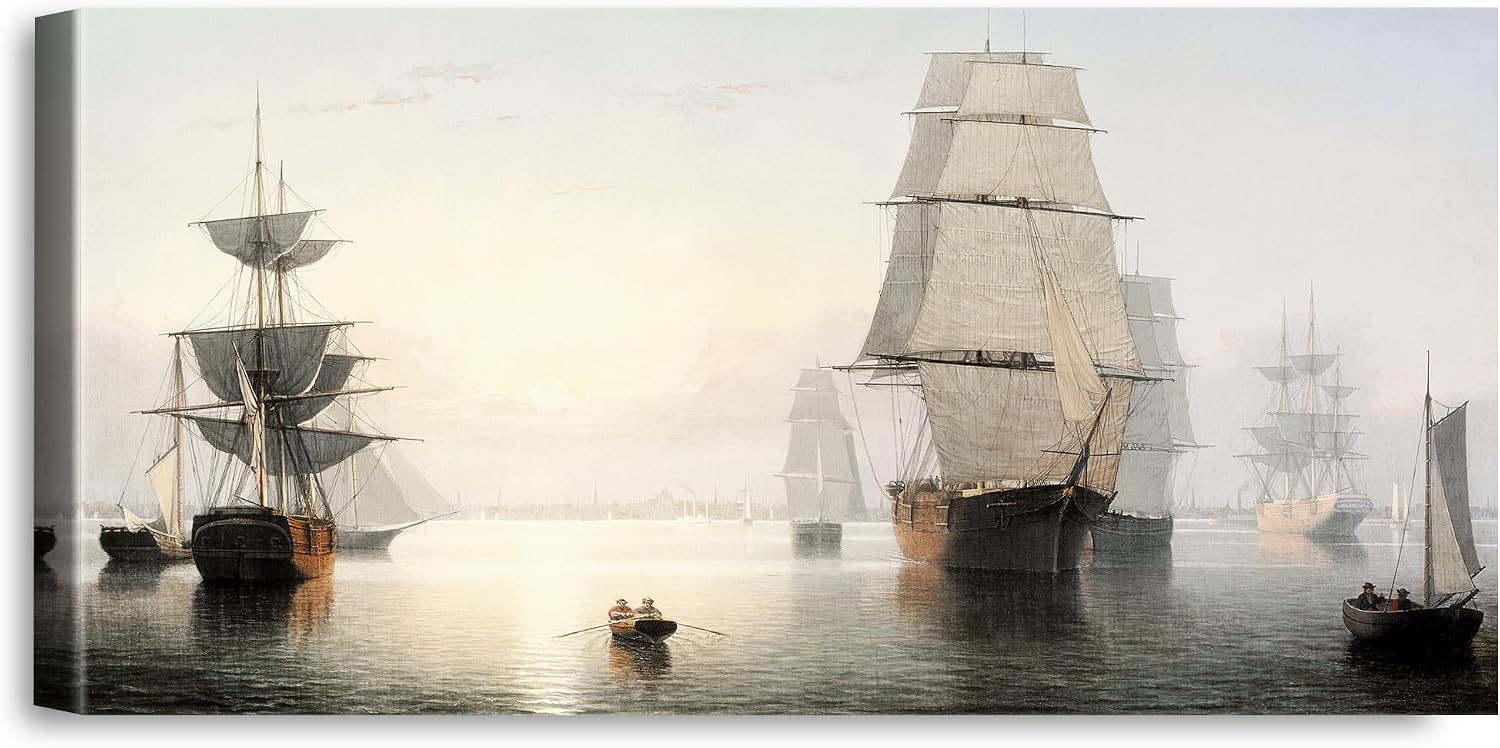 A&T ARTWORK Boston Harbor, Sunset, Fitz Henry Lane Sailboat Warship Painting Reproductions Reproductions,Giclee Canvas Prints Wall Art for Home Decor,45x24x1.5 inches