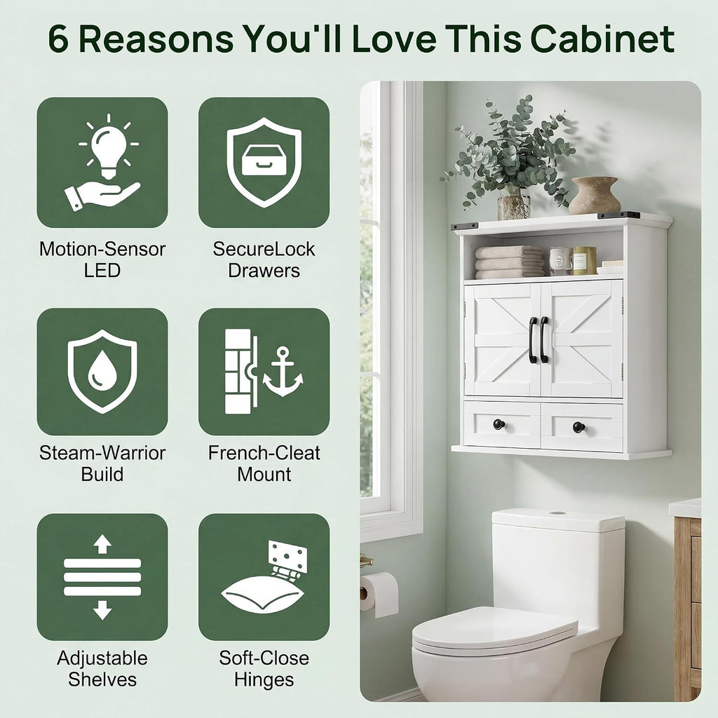 Bathroom Wall Cabinet, 23' x 25' Farmhouse Over The Toilet Storage with Motion LED Light & Safety Drawers, Wooden Medicine Cabinet, Water-Resistant White Organizer (9' Depth)