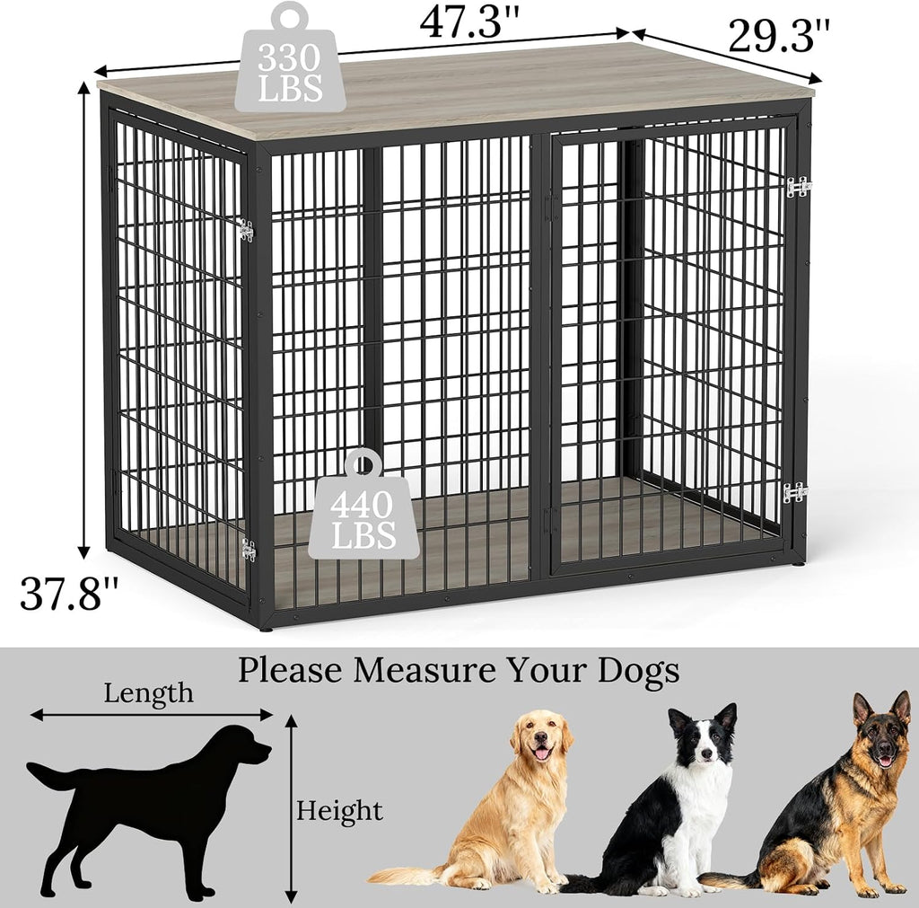 Yafylly 48' Dog Crate Furniture for Medium Large Dogs, Indestructible Large Dog Kennel Indoor with 3 Doors, Wooden Dog Cage Side End Table, Heavy Duty XL Dog Crate, Gray