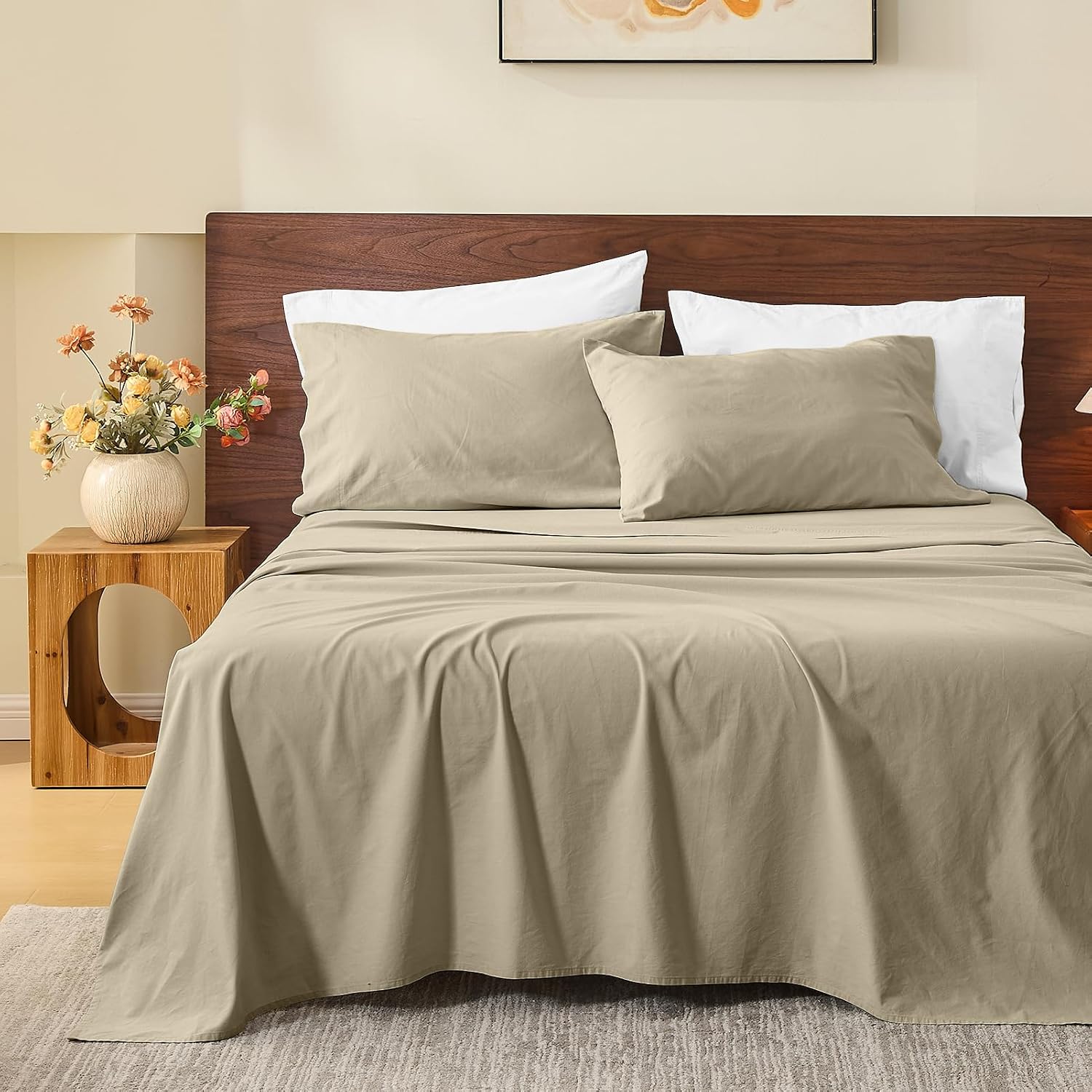 MEISHANG 100% French Pure Linen Sheets King Size - Bed Sheets 4 Piece Sets, Soft Durable Flax Linen, Anti-Tear Breathable Moisture Wicking with 16' Deep Pocket (Brown Taupe)