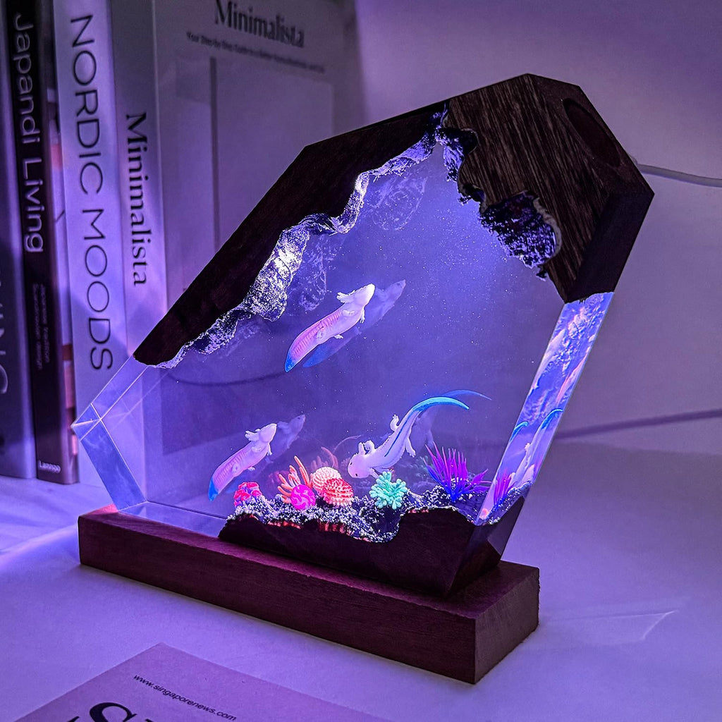 Axolotl Resin Lamp,Handcrafted 3D RGB Axolotl Night Light with Wooden Base for Home Office Decor,Unique Axolotl Gifts, Birthday Valentine's Day Gifts for Women & Men (M 8'X5')