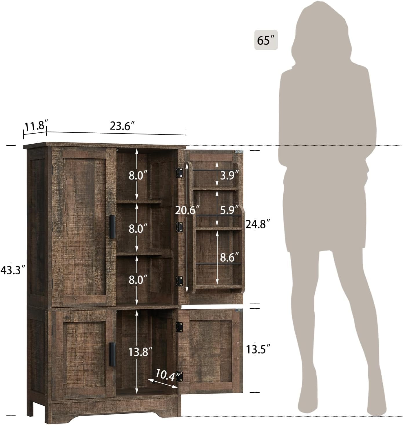 TEENFON Storage Cabinet with 4 Doors, 43.3' H Farmhouse Kitchen Cabinet with 6 Door Shelves, Kitchen Storage Cabinets with Adjustable Shelves, for Living Room, Antique Oak