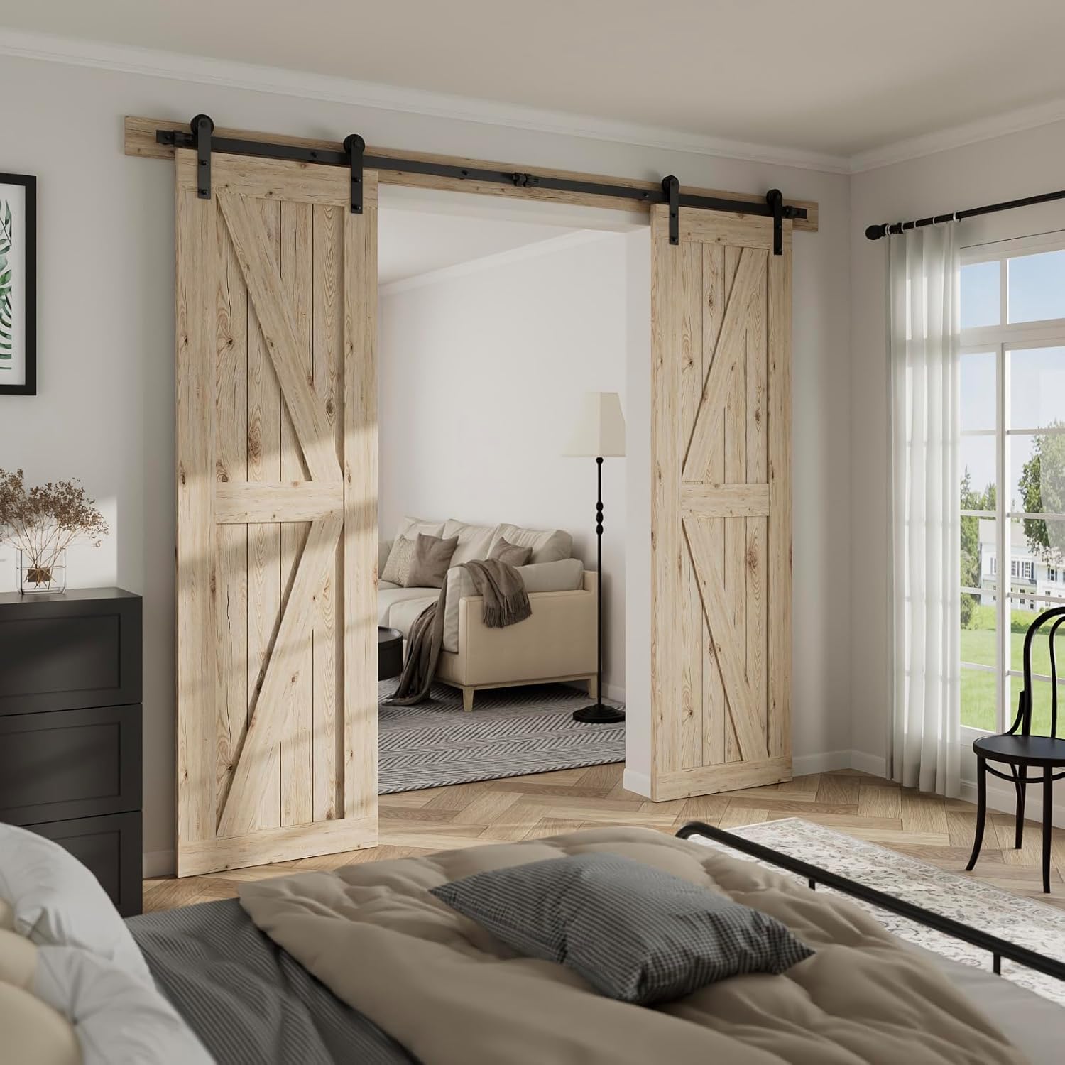 CCJH 4FT Sliding Barn Door Hardware Kit, Heavy Duty, Smoothly and Silently, Easy to Install, Fit 12' Width Double Door Panel, I Shaped Hangers Black