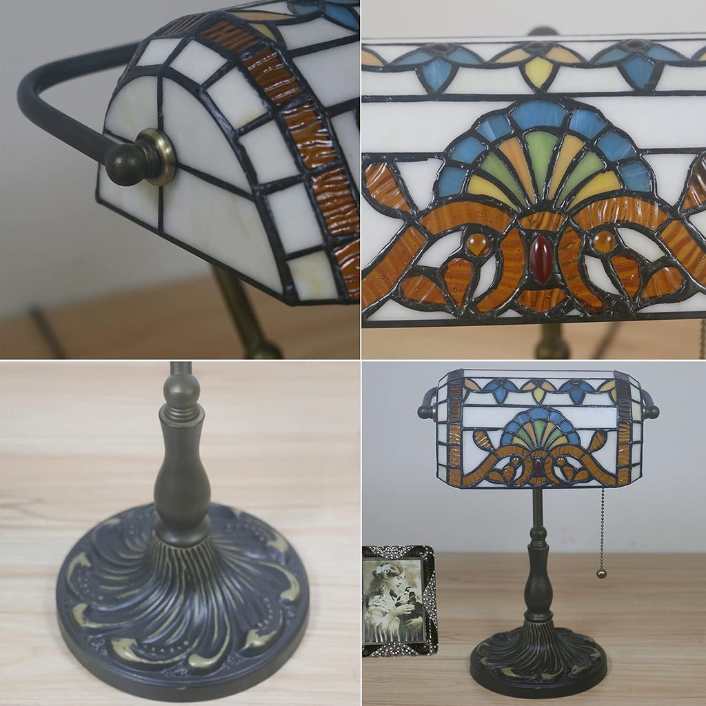Tiffany Style Bankers Table Lamp Stained Glass Piano Desk Lamp Vintage Bedroom Bedside Lamp for Study,Antique Alloy Base,Zipper Switch,Green Baroque a