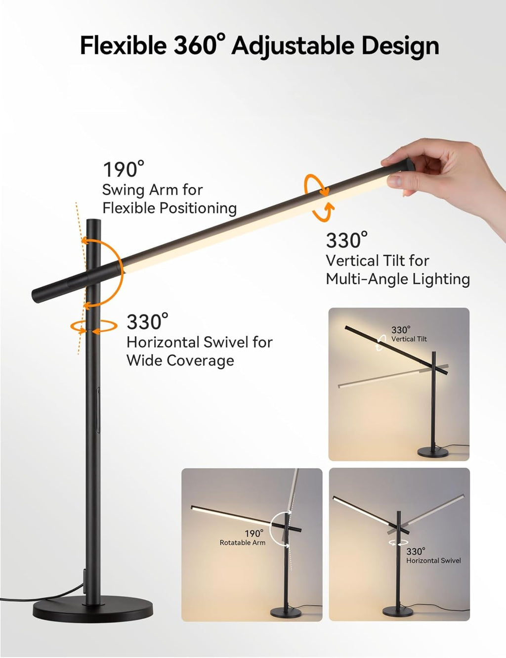 Tubicen Rotatable Desk Lamp 360° Joint Reading Table Lamp Adjustable Arm/Head Work Desk Lighting 3 Color 4- Stage Modern LED Touch Dimmable Angle Desk Task Lamp for Office Bedroom 15W Black