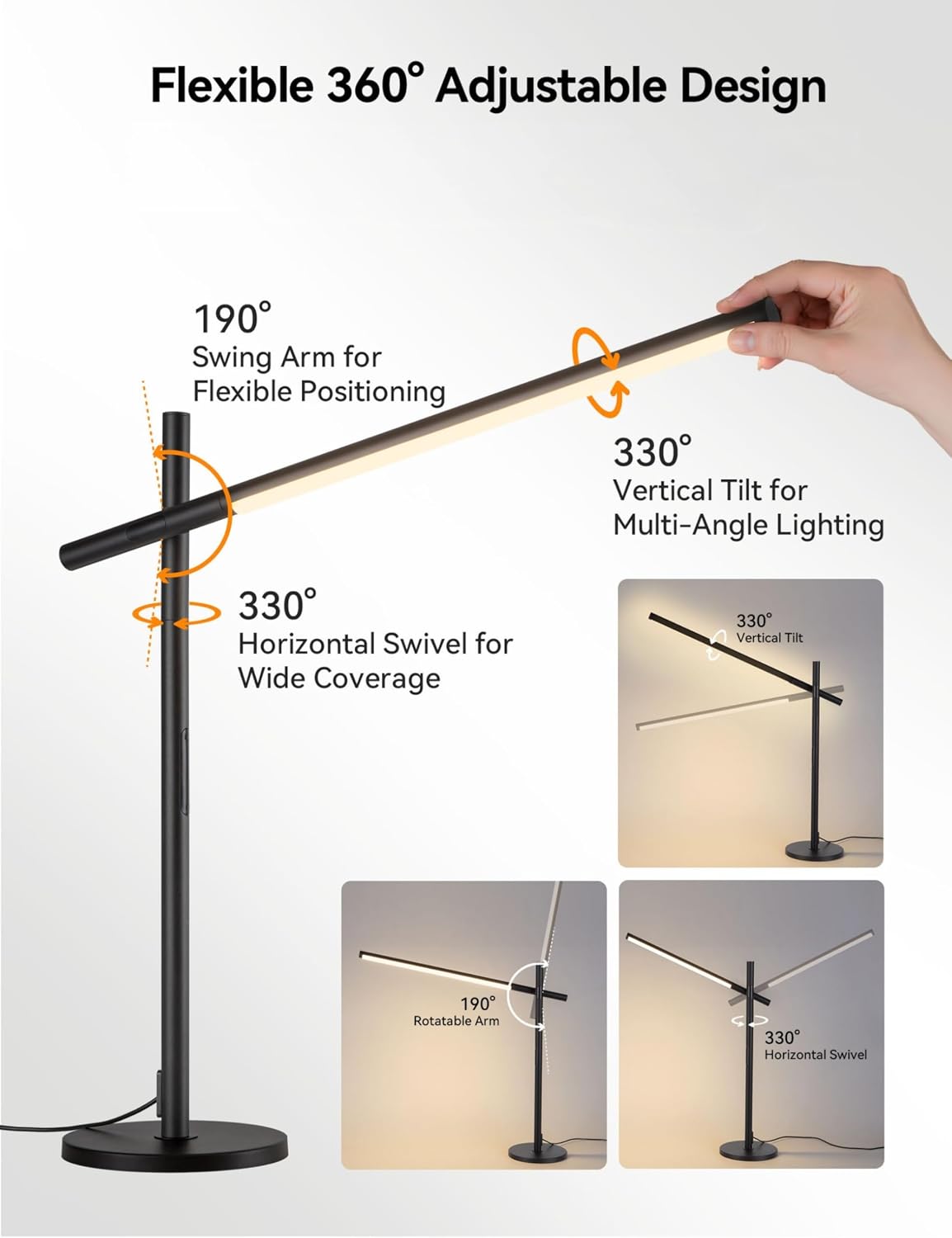 Tubicen Rotatable Desk Lamp 360° Joint Reading Table Lamp Adjustable Arm/Head Work Desk Lighting 3 Color 4- Stage Modern LED Touch Dimmable Angle Desk Task Lamp for Office Bedroom 15W Black