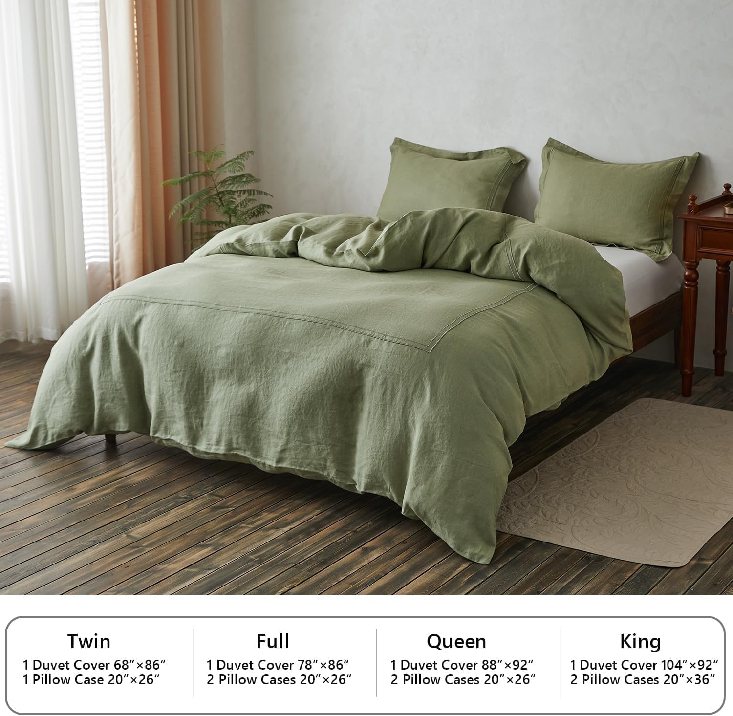 Simple&Opulence 100% Washed Linen Duvet Cover Set 88'x92' - 3 Pieces Soft Farmhouse Comforter Set Double Embroidered with Button Closure - 1 Duvet Cover and 2 Pillowshams (Sage Green, Queen)