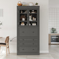 78 inch Tall Kitchen Pantry Cabinet with 3 Drawers and Adjustable Shelves, Wood Storage Cabinet with Drop-Down Surface and Glass Doors for Dining Room and Living Room (Grey//3)