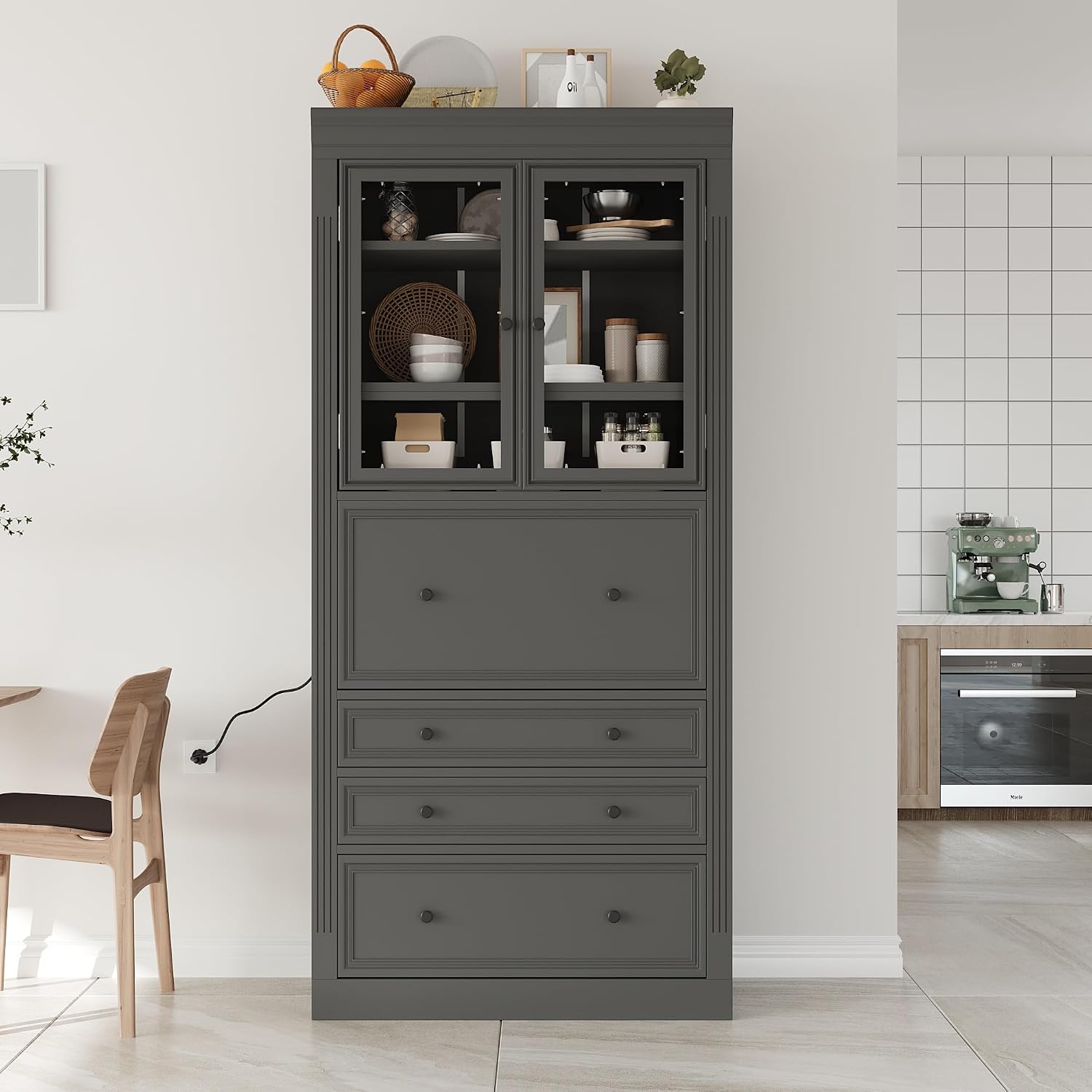 78 inch Tall Kitchen Pantry Cabinet with 3 Drawers and Adjustable Shelves, Wood Storage Cabinet with Drop-Down Surface and Glass Doors for Dining Room and Living Room (Grey//3)