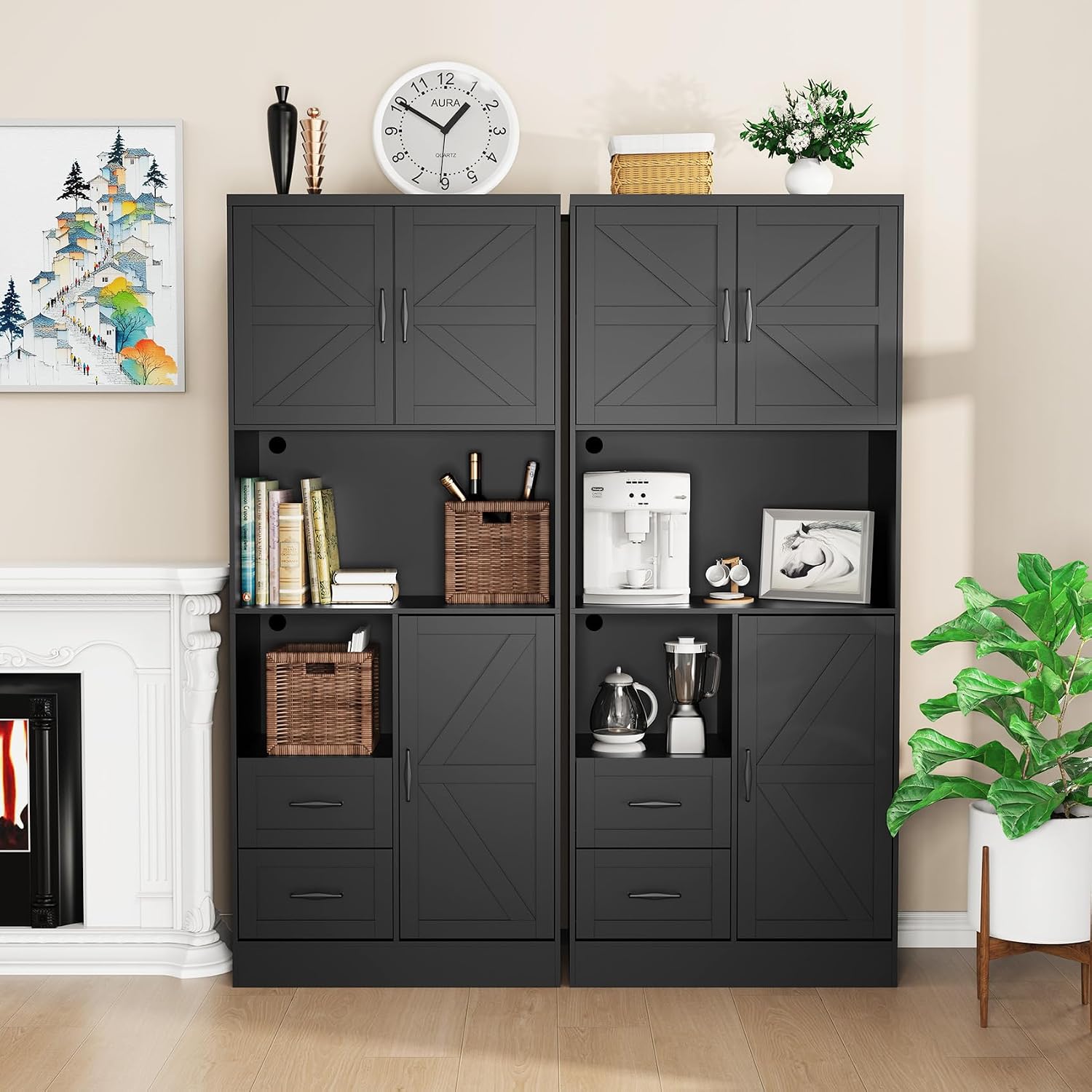 Bigbiglife Farmhouse Kitchen Pantry Cabinet with LED Lights and Power Strip, Tall Kitchen Storage Cabinet, Kitchen Hutch with Microwave Stand & Barn Doors and Drawers for Dining Room
