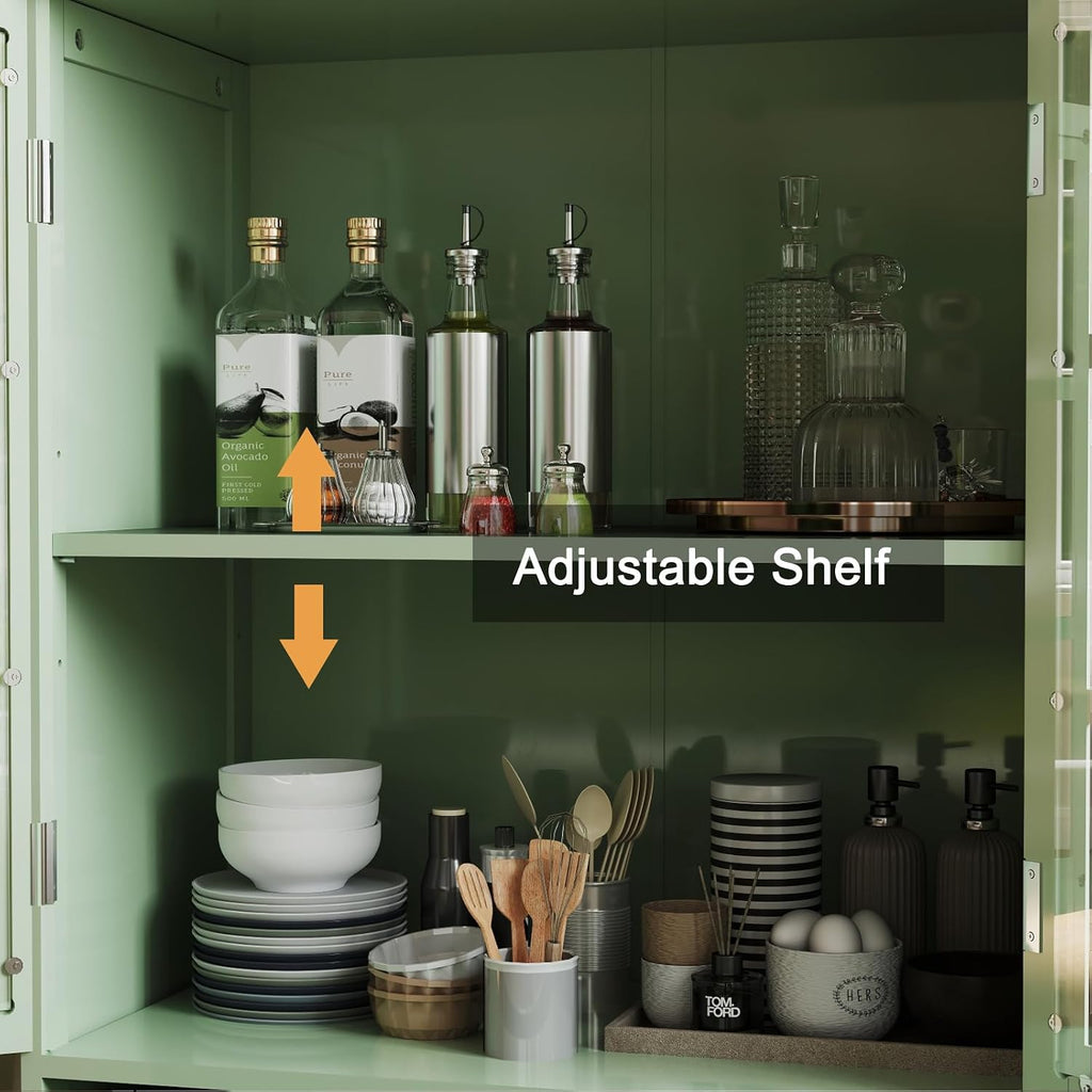 QMIT Display Cabinet with Glass Doors,Buffet Cabinet with Doors and Shelves,Small Green Wooden Storage Sideboard Cupboard for Living Room, Dining Room Hallway Entryway
