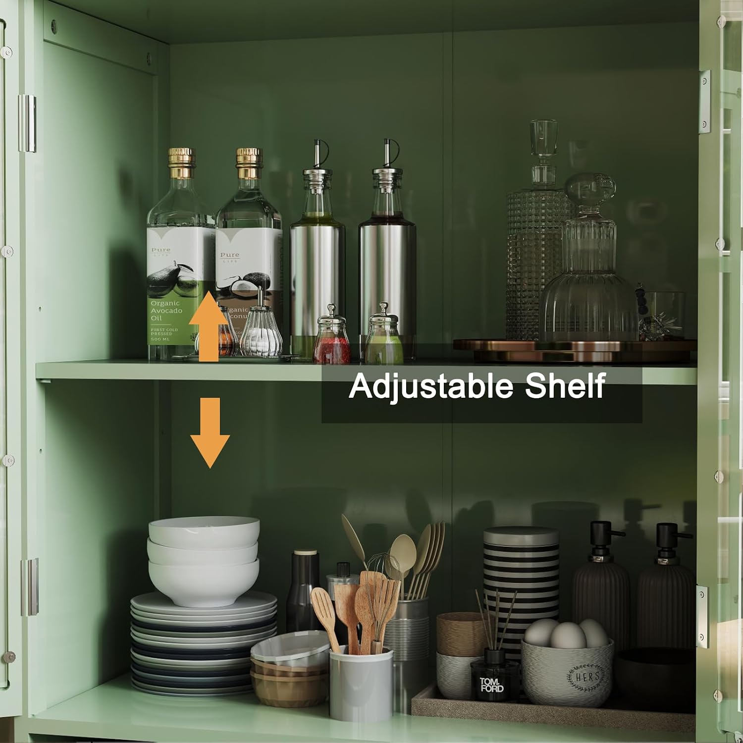 QMIT Display Cabinet with Glass Doors,Buffet Cabinet with Doors and Shelves,Small Green Wooden Storage Sideboard Cupboard for Living Room, Dining Room Hallway Entryway