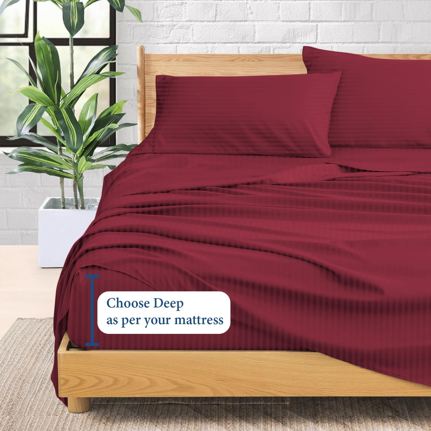 1000 Series- Extra Long Staple 100% Egyptian Cotton Sheet Set,Sateen Weave, Hotel Quality Soft Luxury Bedding, Queen Size 4 Piece Sheet Set Fit 15' Inch to 18' Deep Stripe Burgundy