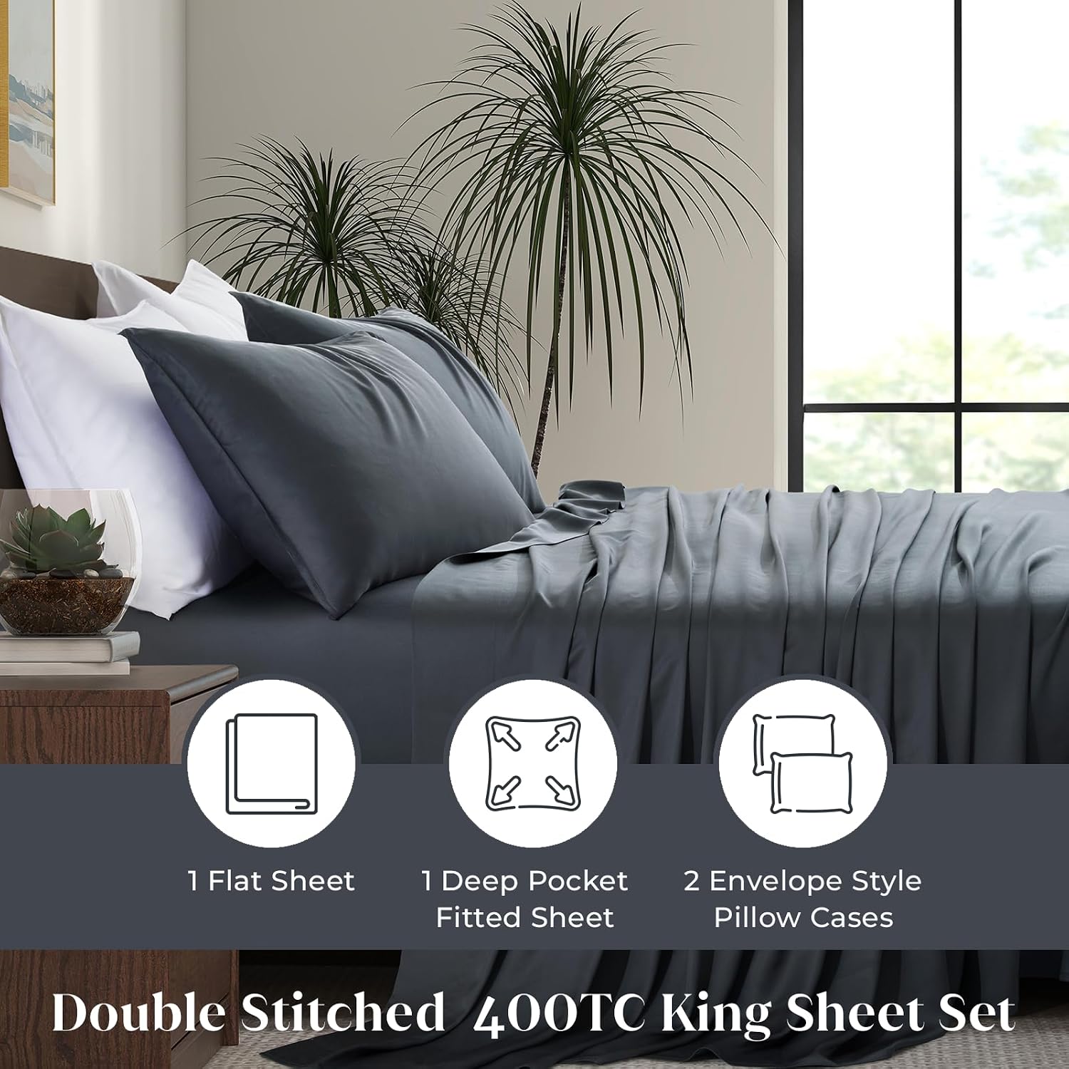 Luxury Bamboo Market | King Size Bed Sheet Set | 100% Viscose Made from Bamboo | Organically Grown | Ultra Soft | Cooling Sheets for Hot Sleepers | 17' Deep Pocket [Charcoal Grey]