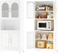 Kitchen Pantry Cabinet, 75' Tall Metal Storage Cabinets with Microwave Stand, White Hutch, Tall Storage Cabinet with Glass Doors and Adjustable Shelves, Food Pantry Cupboard for Kitchen, Dining Room