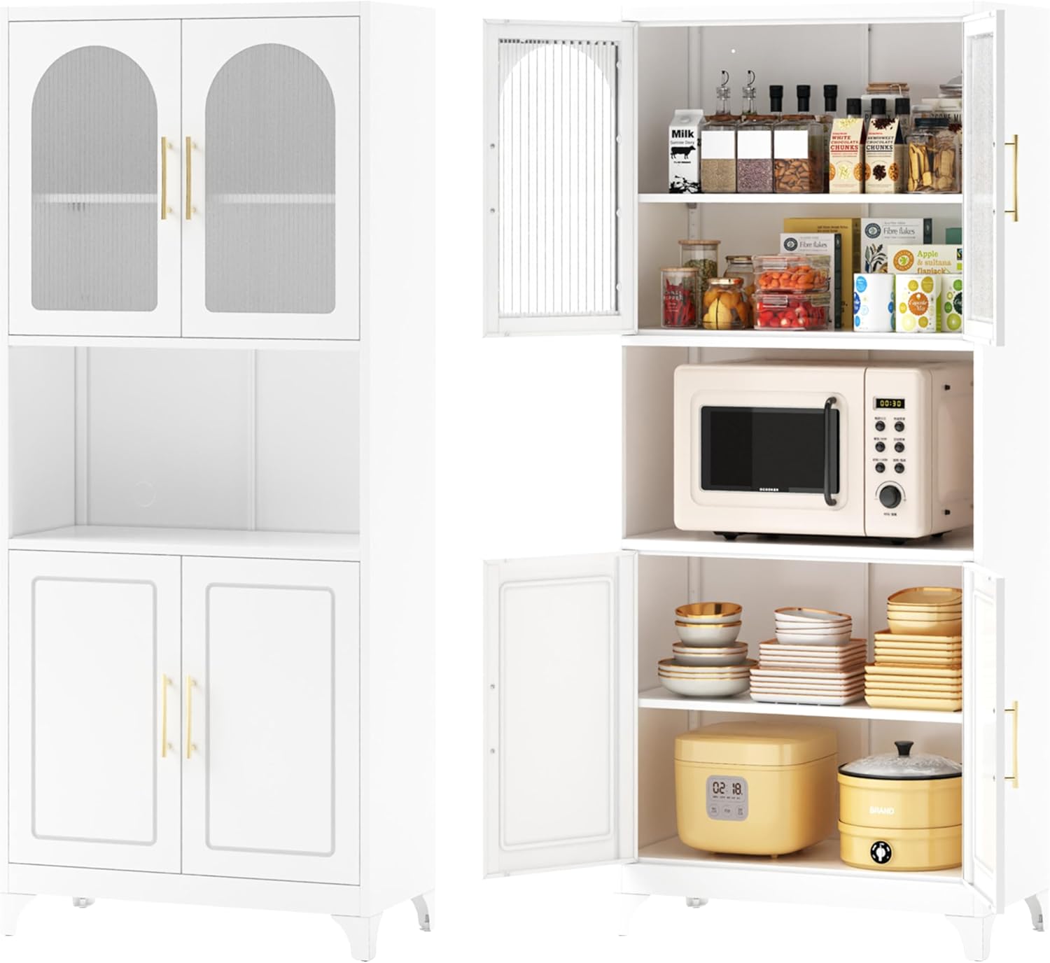Kitchen Pantry Cabinet, 75' Tall Metal Storage Cabinets with Microwave Stand, White Hutch, Tall Storage Cabinet with Glass Doors and Adjustable Shelves, Food Pantry Cupboard for Kitchen, Dining Room