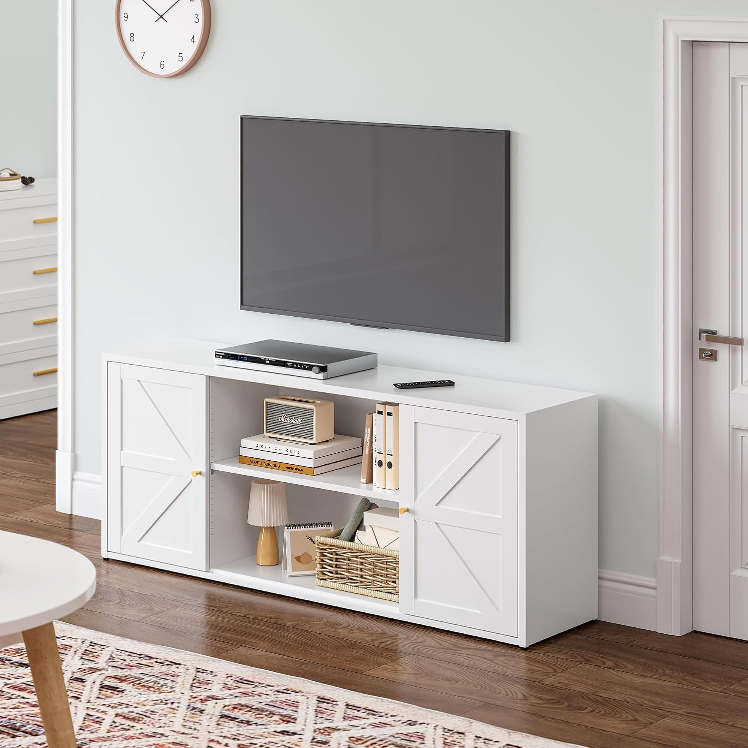 Washsemba Farmhouse - Style 65 - inch Metal TV Stand: Entertainment Center with Locker, Barn - Style Doors, Adjustable Partition. Medieval Modern Media Console Table for Living Room & Bedroom (White)