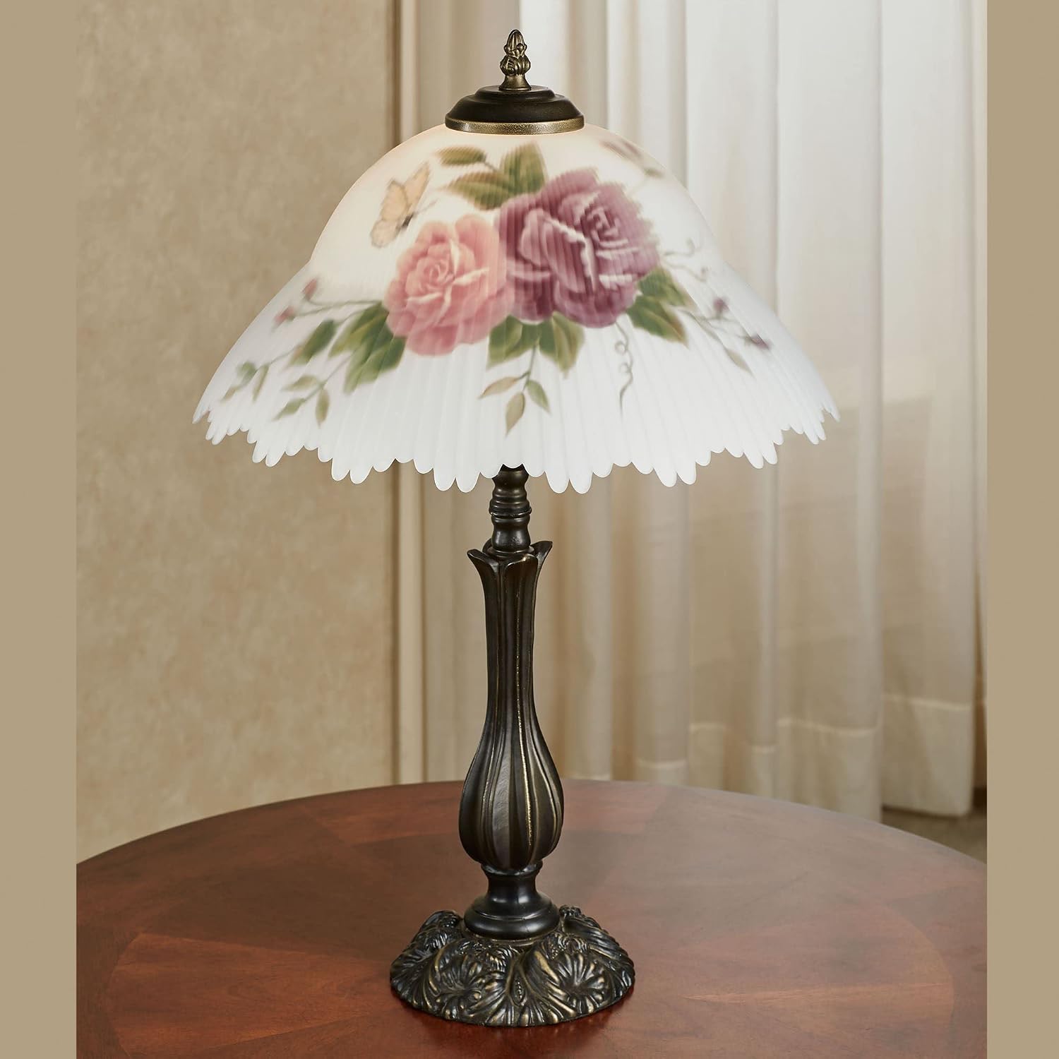 Touch of Class Brinley Floral Table Lamp - Bronze - Old Fashioned Desk Lamp for Bedroom, Living Room, Office - Painted by Hand Ruffled Glass Lampshade - Victorian Style Aesthetic