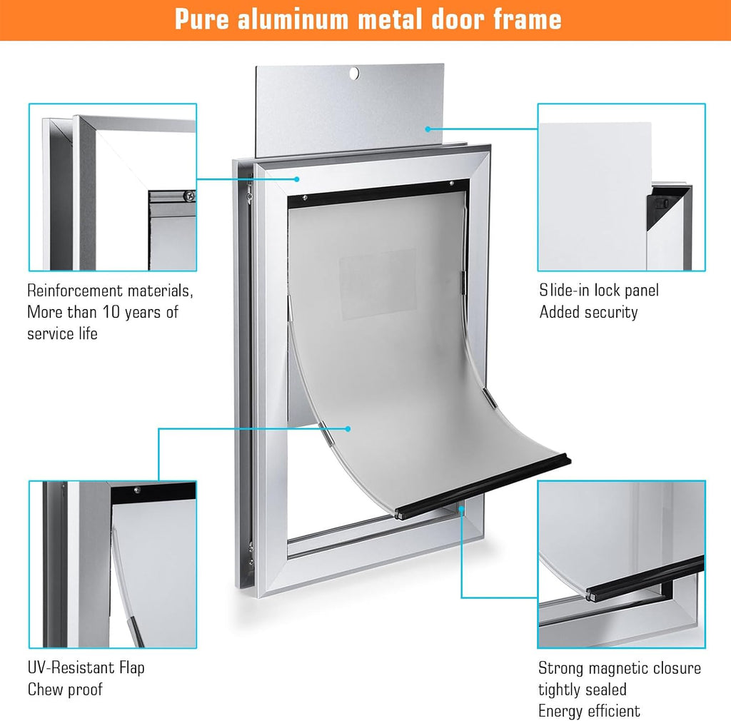 Ownpets Aluminum Extra Large Dog Door, Pet Door with Magnetic Flap and Lockable Sliding Panel, Heavy Duty Doggy Door for Dogs Up to 200lbs(Silver)