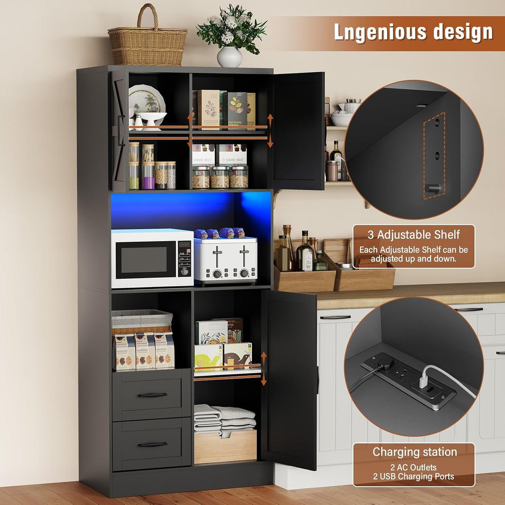Bigbiglife Farmhouse Kitchen Pantry Cabinet with LED Lights and Power Strip, Tall Kitchen Storage Cabinet, Kitchen Hutch with Microwave Stand & Barn Doors and Drawers for Dining Room