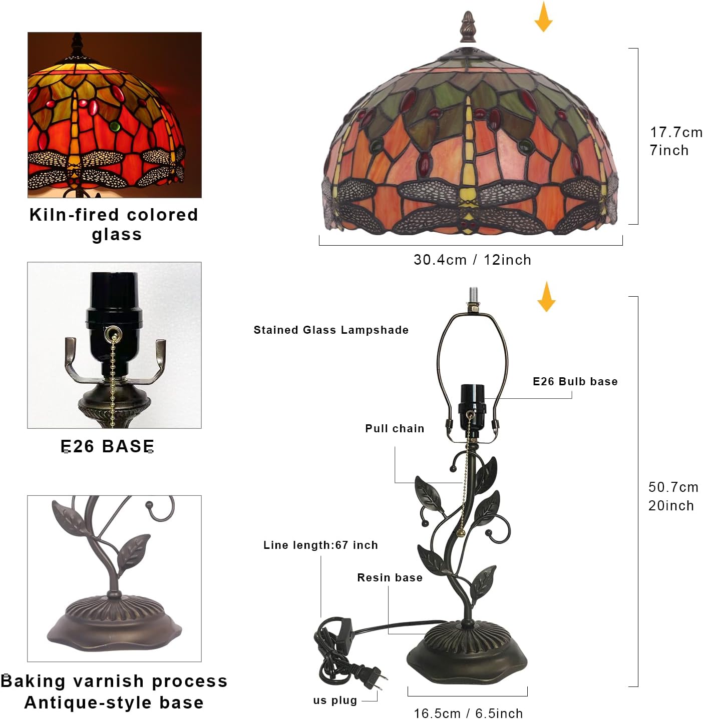 Tiffany Table Lamp, Stained Glass Lamp, 12x12x19 Inch, Metal Leaf Base Decor Lamp for Bedroom、Living Room、Home、Office (Dragonfly)