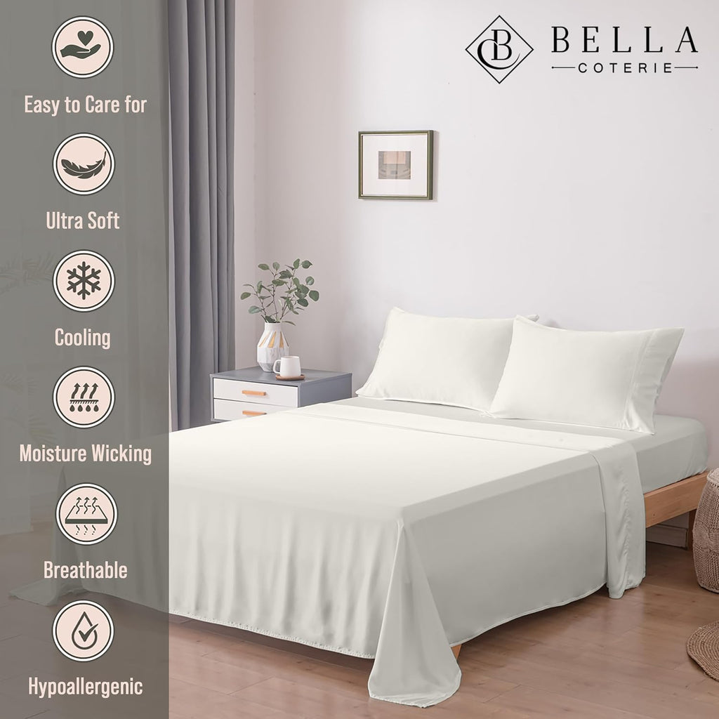 Bella Coterie Luxury Bamboo Viscose Queen Size Sheet Set | 100% Organically Grown | Ultra Soft | Cooling for Hot Sleepers | 18' Deep Pocket [Ivory]