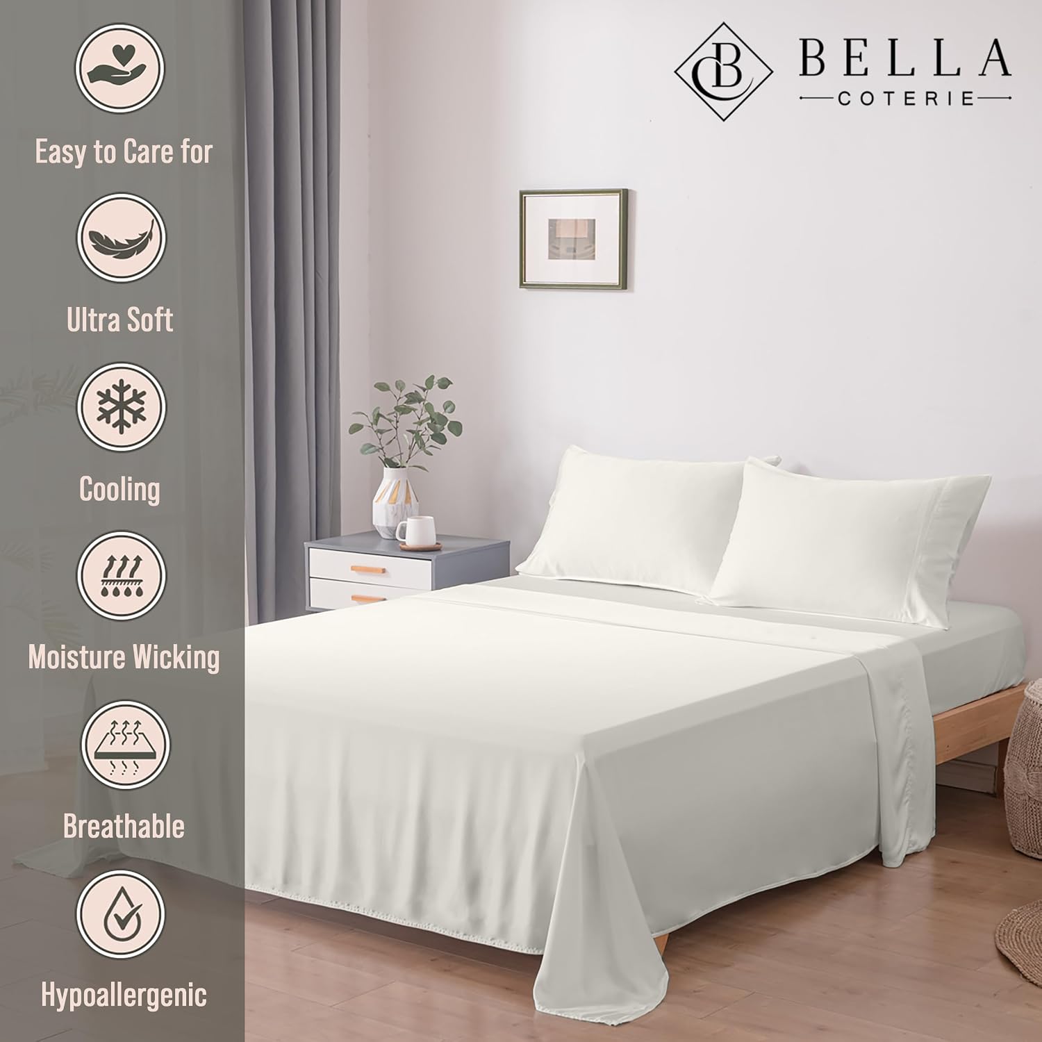 Bella Coterie Luxury Bamboo Viscose Queen Size Sheet Set | 100% Organically Grown | Ultra Soft | Cooling for Hot Sleepers | 18' Deep Pocket [Ivory]