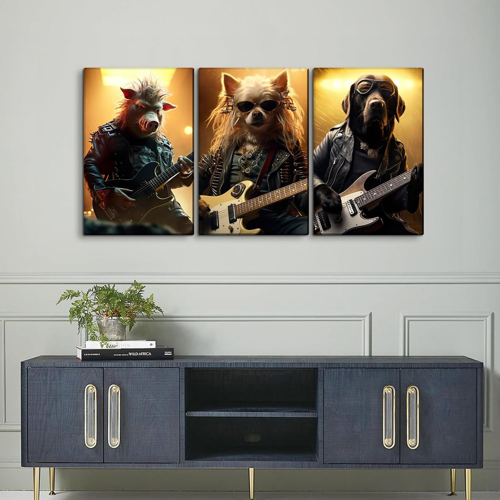 YONICA 3 Panel Animal Band Canvas Wall Art for Home Music Decor - Funny Animals Playing Musical Instruments Modern Cool Wall Picture Print On Canvas HD Giclee Artwork Ready to Hang - 20'x30'x3 Panels