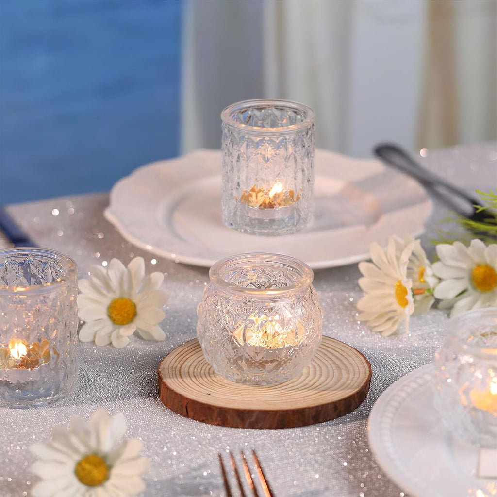 DARJEN Clear Votive Candle Holders Set of 24- Round Glass Candle Holders Bulk for Tea Light Candle, Embossed Candle Votives for Wedding Centerpiece, Various Parties & Home Decor (Pack of 4)