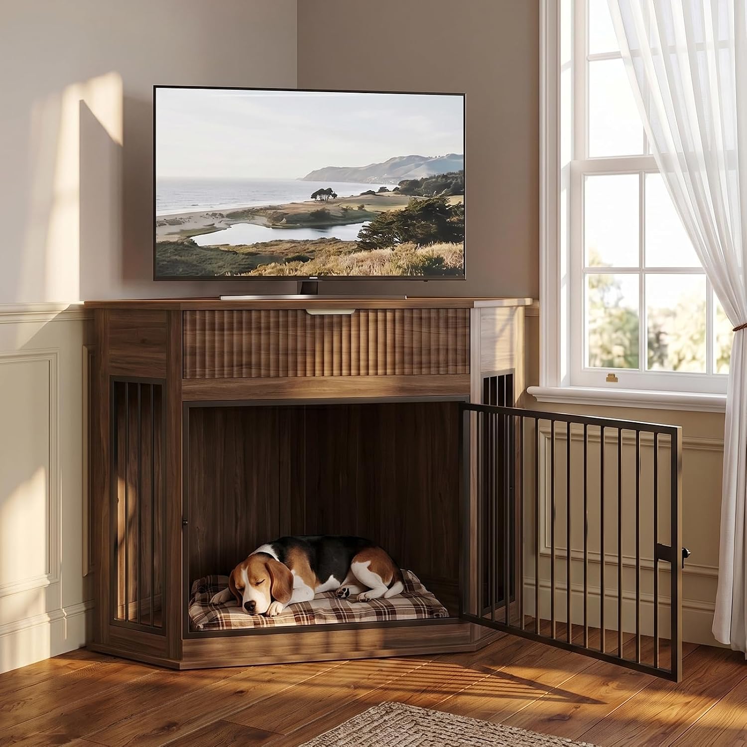 Yafylly Corner Dog Crate Furniture, 44.6' Furniture Style Corner Dog Crate with Fluted Drawer, Wooden Dog Kennel End Table for Small Medium Dogs, Dog Cage TV Stand, Brown