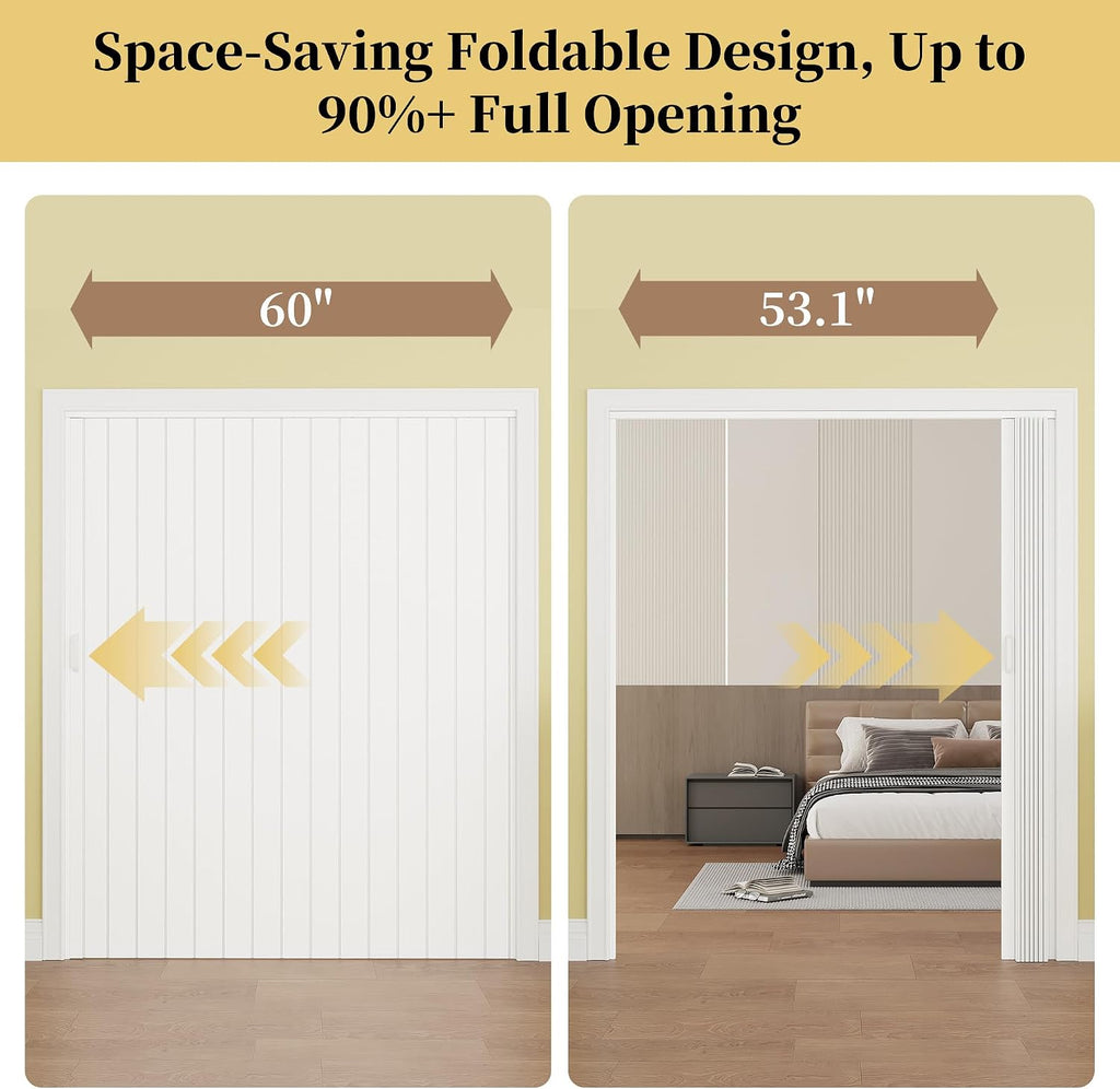 60' x 80' Enhanced Accordion Door Interior, Power Magnetic PVC Folding Door with 2 Handles & All Hardware, Room Divider Accordion Doors for Doorway Closet Basement Bathroom RV Camper, White