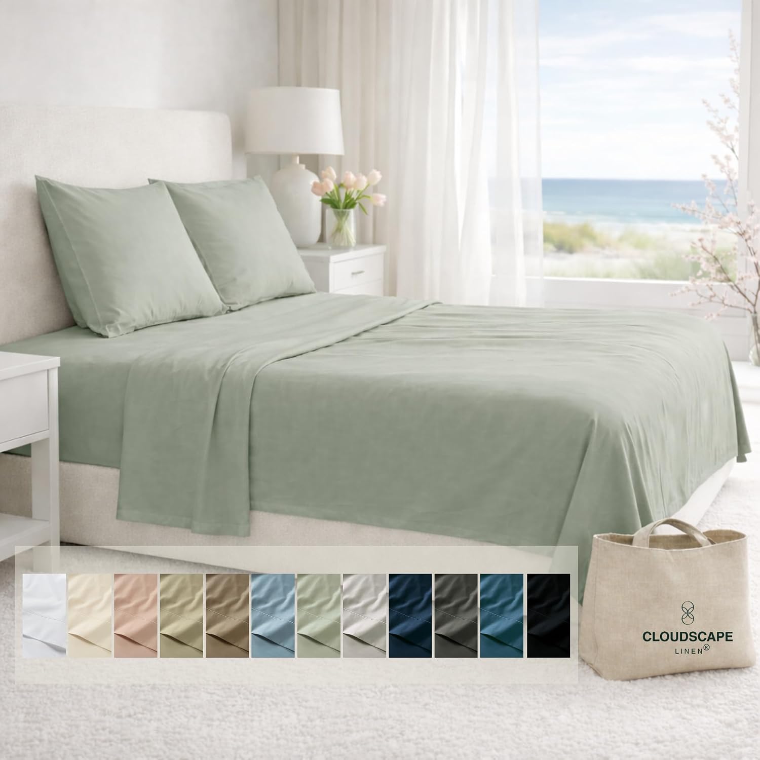 CLOUDSCAPE 100% Egyptian Cotton Sheets Full Size, 4 Pieces Breathable and Naturally Cooling Bedding Set, Long-Staple Cotton for Ultra Soft, Deep Pocket Fitted up to 16' Full Sheet, Mineral
