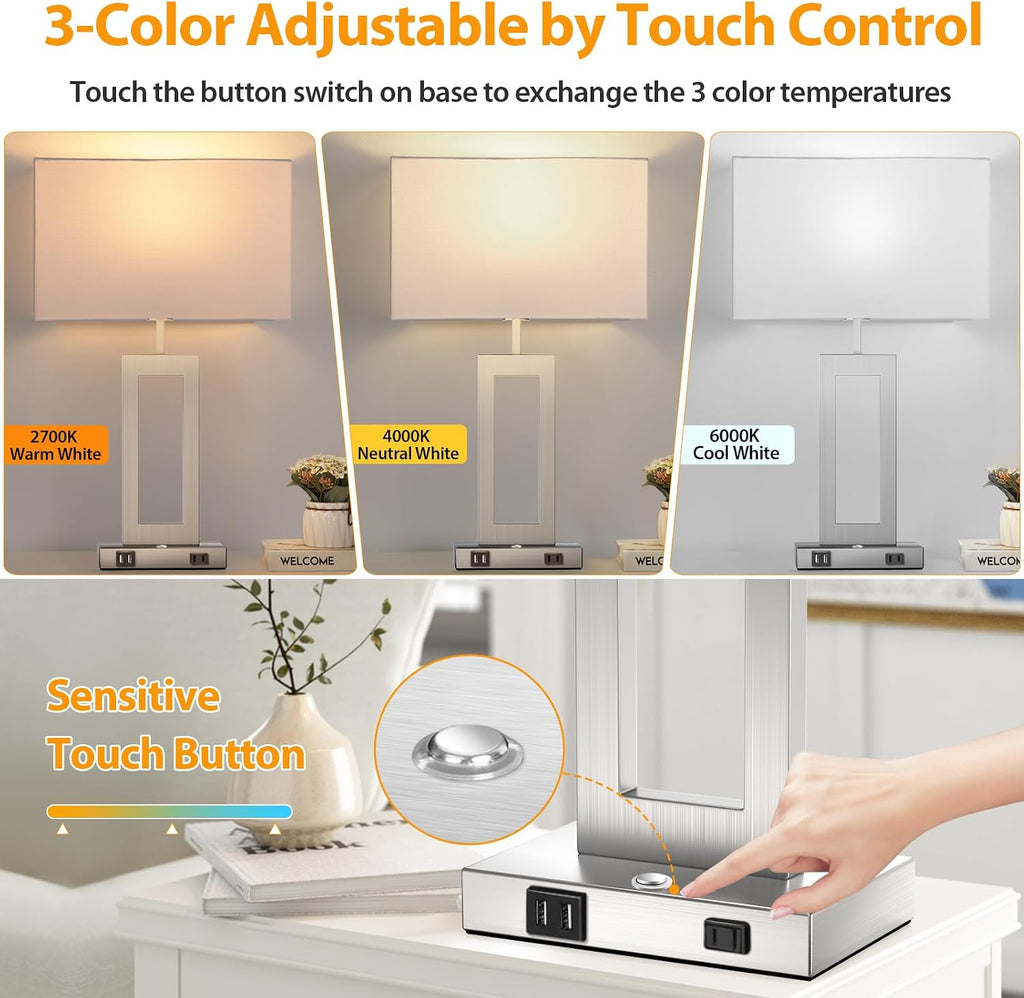 Table Lamps for Bedrooms Set of 2, 27.2'' Tall Modern Silver Lamps for Living Room Nightstand, Touch Control Bedside Lamps with 2 USB Ports&AC Outlet, Stepless Dimming, 3 Color Temp. Bulbs Covered