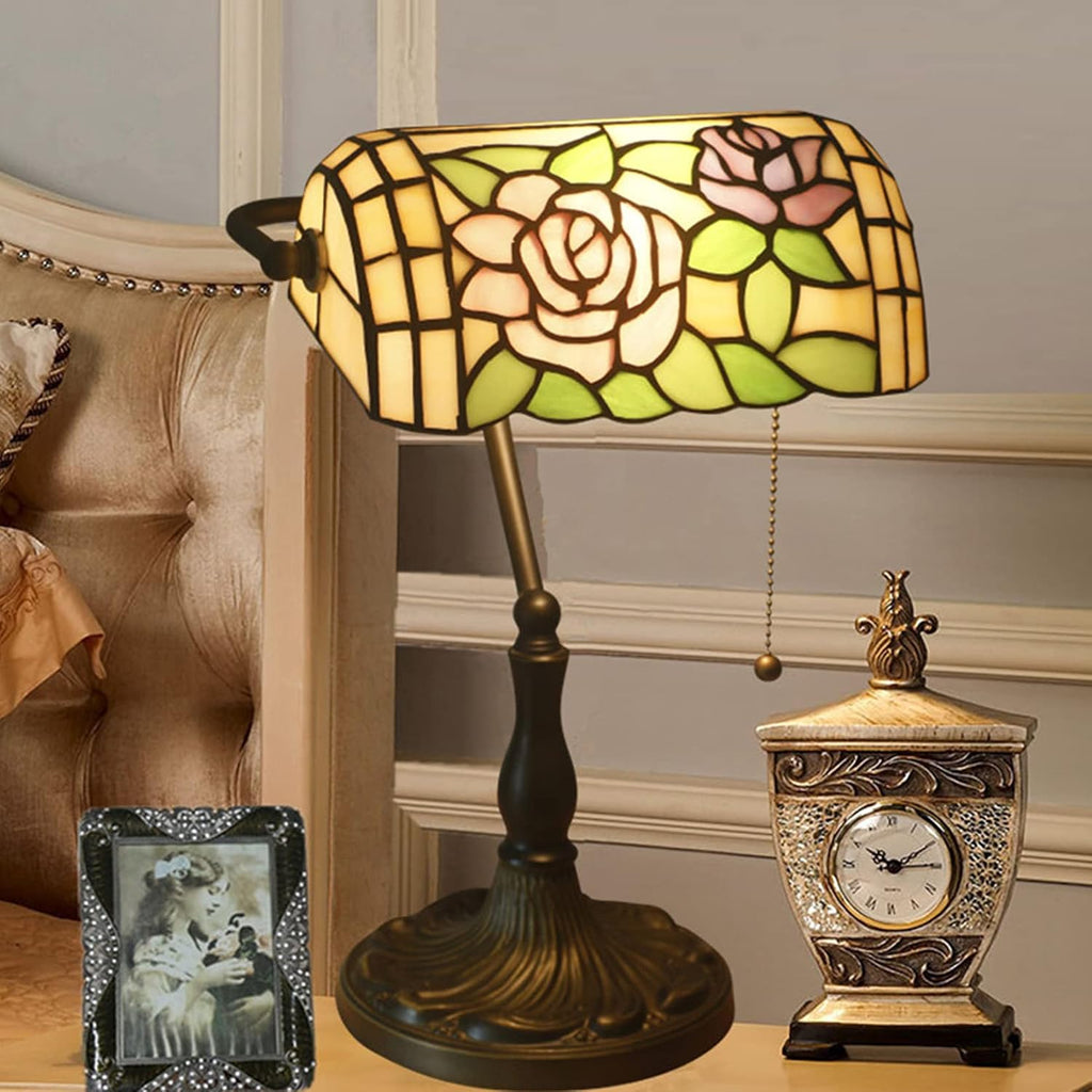 Tiffany Style Bankers Table Lamp Stained Glass Piano Desk Lamp Vintage Bedroom Bedside Lamp for Study,Antique Alloy Base,Zipper Switch,Rose d