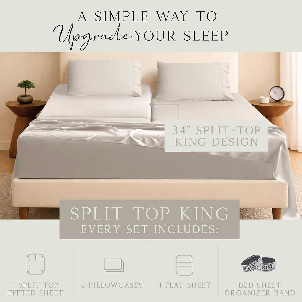 KARISSA MAE Pure Viscose from Bamboo 34' Split Top King Size Sheet Set | 100% FSC Certified | Luxuriously Soft | Cooling | 18' Deep Pocket w/Corner Straps | [Dune]