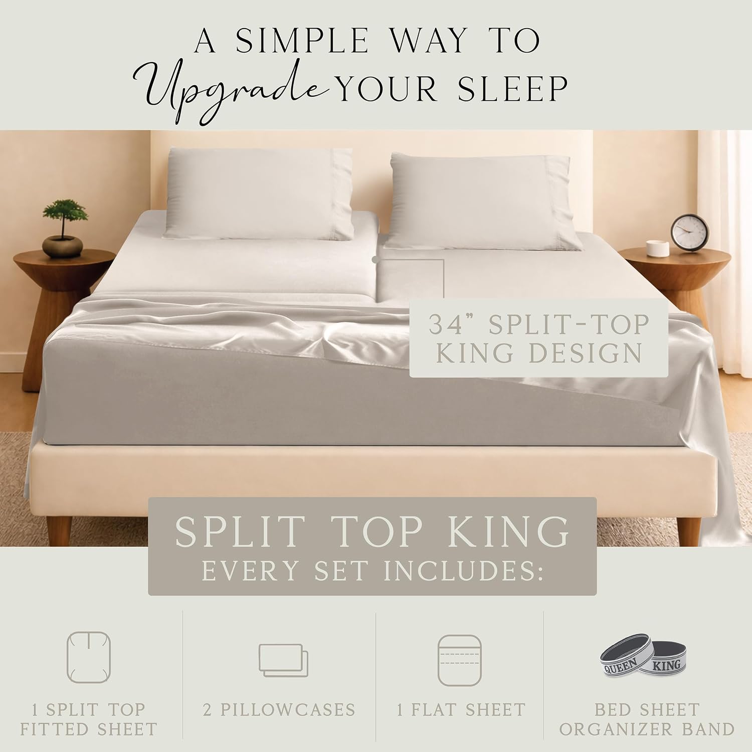 KARISSA MAE Pure Viscose from Bamboo 34' Split Top King Size Sheet Set | 100% FSC Certified | Luxuriously Soft | Cooling | 18' Deep Pocket w/Corner Straps | [Dune]