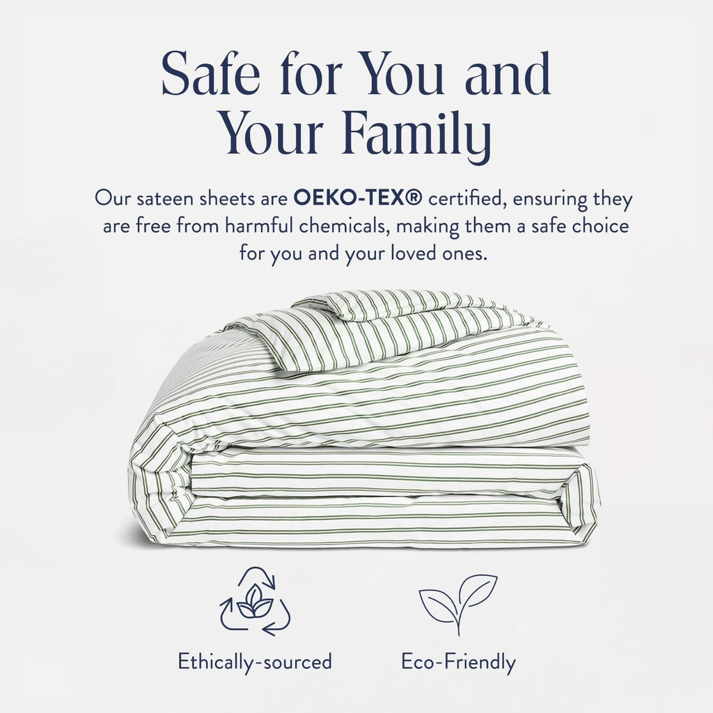 Brooklinen Luxury Sateen Duvet Cover - 100% Cotton, Full/Queen Size in Green Tandem Stripe with Extra-Long Corner Ties and Button Closure - Best Full/Queen Duvet Covers