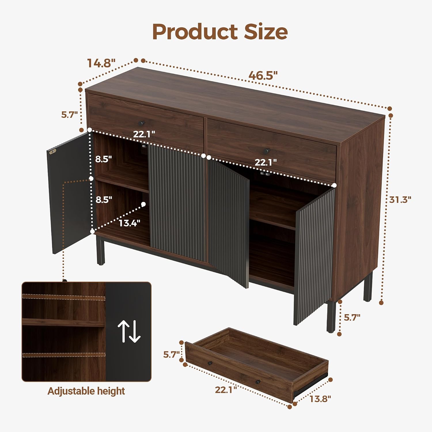 Mericonia Farmhouse Buffet Sideboard Cabinet with Storage, Fluted Coffee Bar with Doors and Adjustable Shelves, Modern Wood Console Cabinet with Drawers (4 Door, Walnut&Black 2 Drawer)