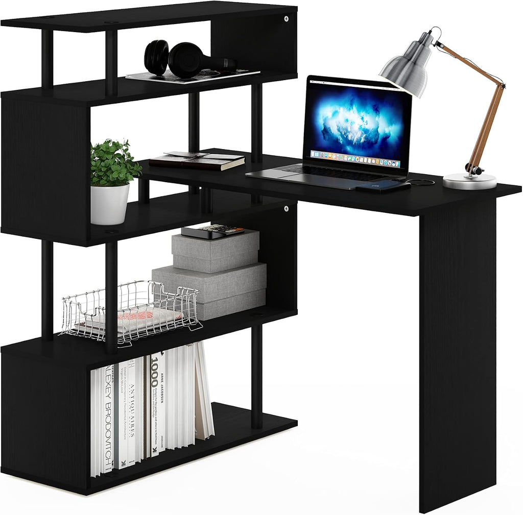 Furinno Classic Desk, 40' Wide L-Shape Gaming Desk, Computer Desk, Writing Desk with 5-Tier S-Shaped Side Shelves for Home Office, Study Room, Dorm, Bedroom, Americano