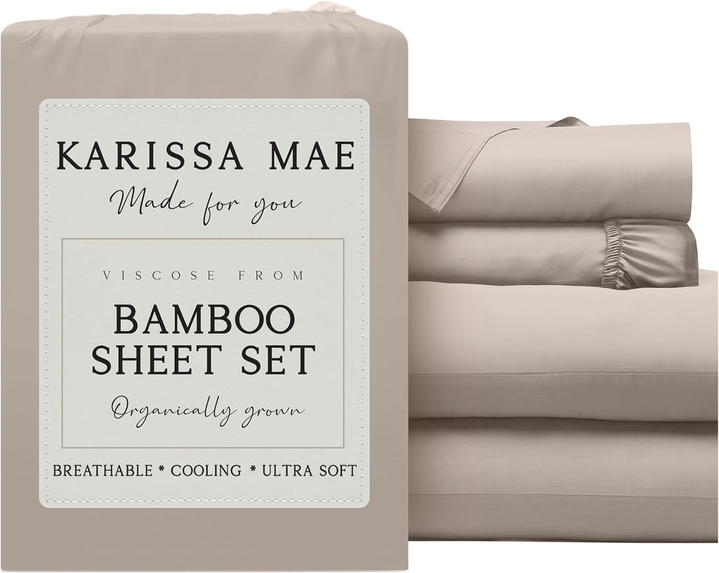 KARISSA MAE Pure Viscose from Bamboo 34' Split Top King Size Sheet Set | 100% FSC Certified | Luxuriously Soft | Cooling | 18' Deep Pocket w/Corner Straps | [Dune]