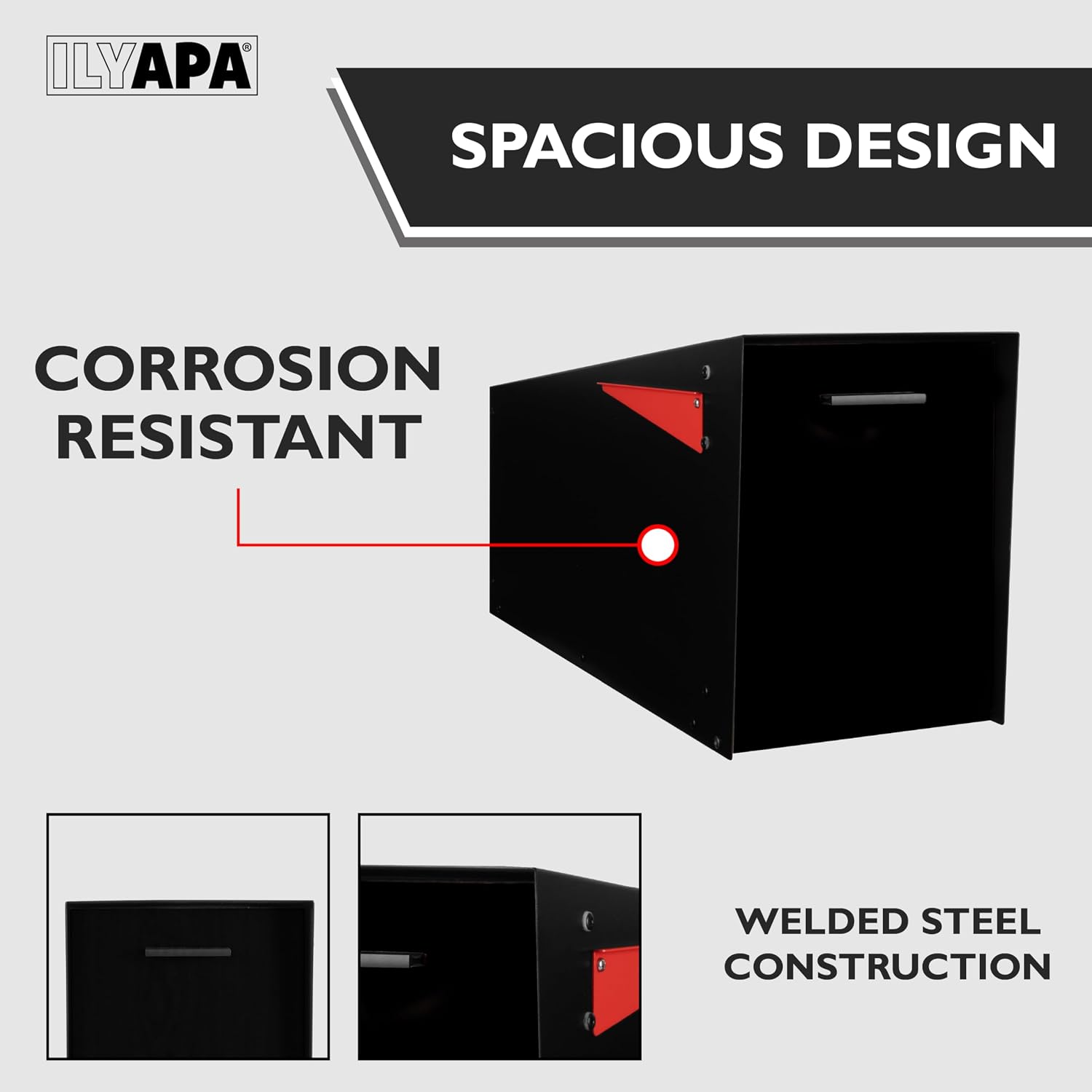 Ilyapa Modern Angle Design Post Mount Modern Mailbox - Black Exterior Powder Coated Steel, All Weather & Corrosion Resistant, Stainless Steel Hinges