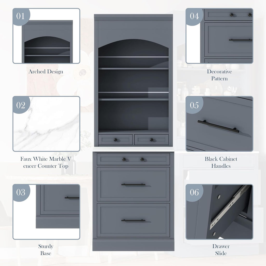 Modern 83.7inch High Kitchen Pantry, Freestanding Tall Kitchen Hutch with Faux Marble Top, Cupboard Cabinet with 5 Storage Drawers and Adjustable Shelf (Gray-4)